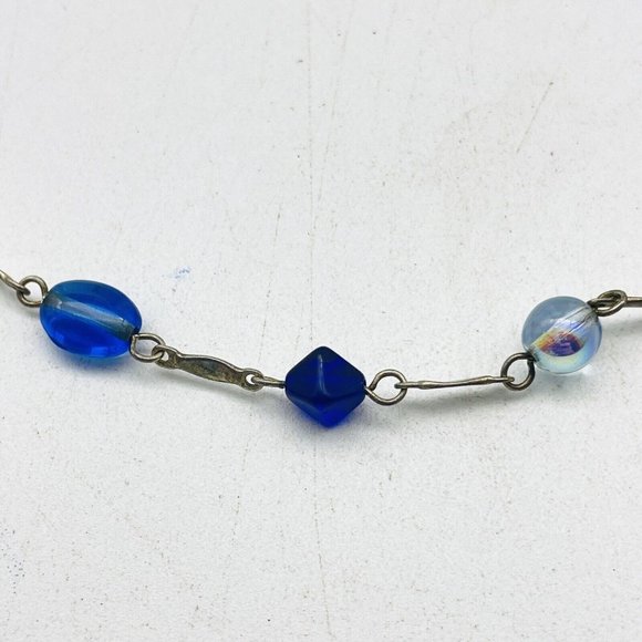 Blue Bead Station Necklace Silver Tone Classic Career Cosplay LARP Sparkle Glam - Picture 3 of 6